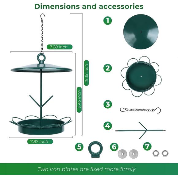 Hanging Metal Bird Feeder Outdoor Wild Bird Food Tray with Fruit Holder Green - Picture 3 of 7